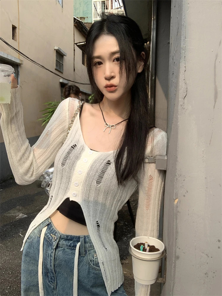 Thin Sexy Solid Knitted Top Women Summer Long Sleeve Crew Neck Cardigans Buttons n Hollow Out Korean Style Knitwear 240824