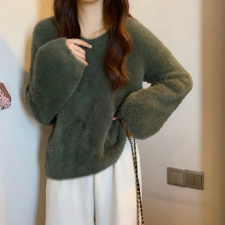 Knitted Sweater Korean Fashion Women Preppy Mink Hair Pullover Autumn Winter Casual Loose Sweet Top Long Sleeve Warmth Knitwear 240824