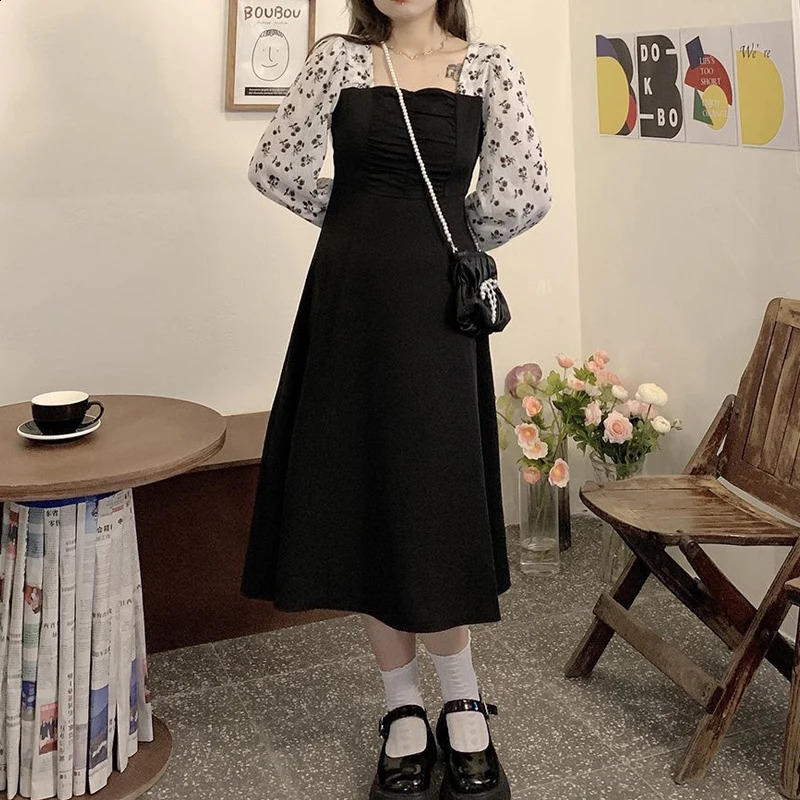 Women Clothing Autumn Fashion Print Patchwork Square Neck Elegant Dresses Female High Waist Long Sleeve Slim Midi Dress Vestidos 240824