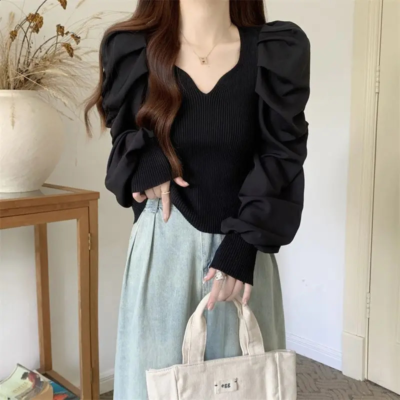 French Style Temperament V-neck Long Sleeved Knitted Sweater for Womens Spring Autumn Slim Fit Bubble Sleeve Base T-shirt Top 240824