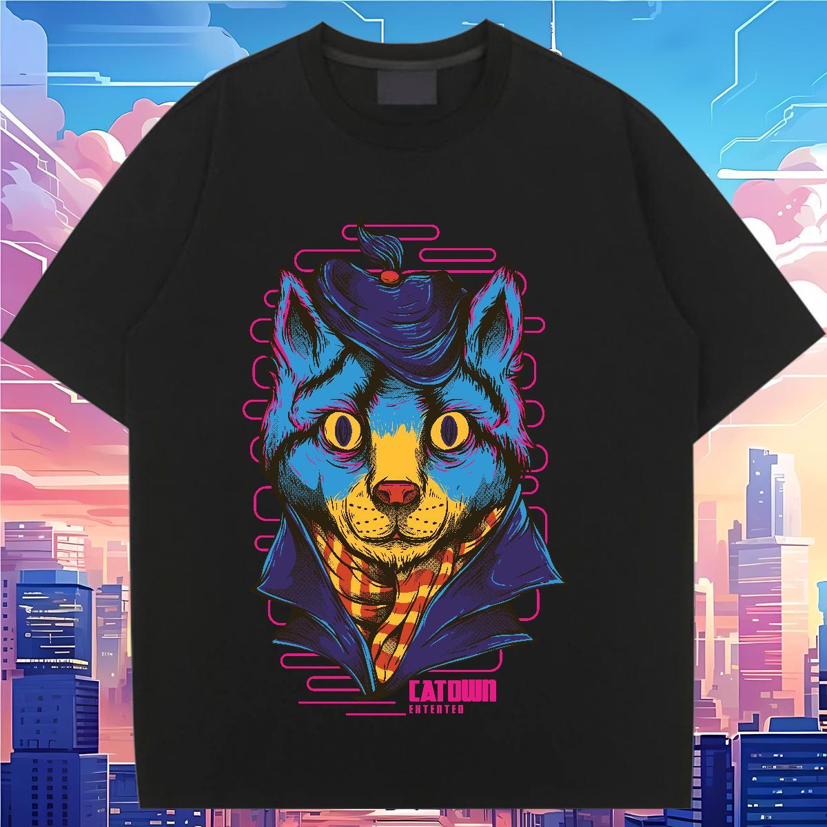5A Couples T Shirts 100% Cotton 230g Blue cat Home Outdoor T-Shirts for Women Short sleeve Soft Custom Printing Clothings
