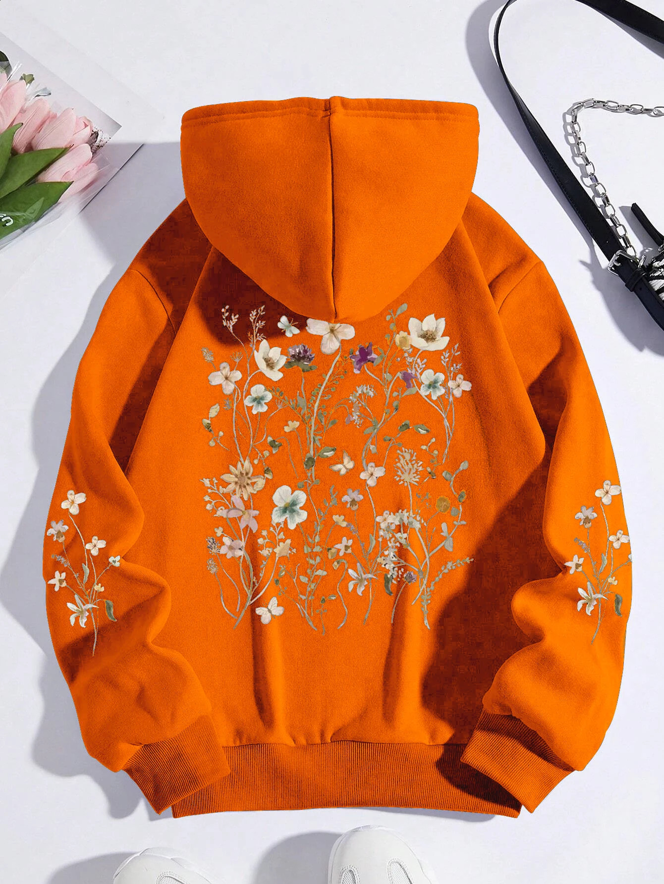 Colorful Flowers Printing Women Sweatshirt Harajuku Casual Sweatshirt Fashion Loose Hoodie Autumn Warm Vintage Fleece Woman Top 240824