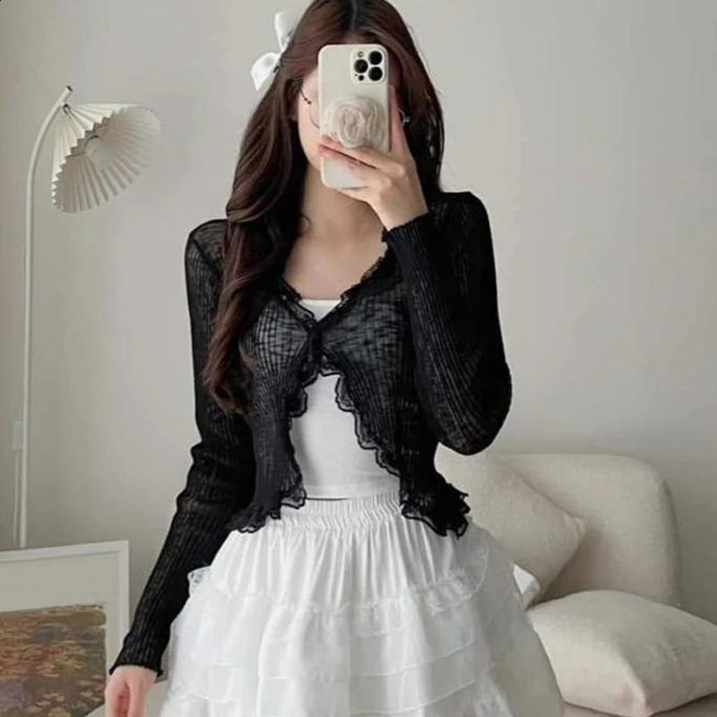 Summer Korean Womens Solid Color Lace V-neck Long Sleeve Knitted Sunscreen Cardigan 240824