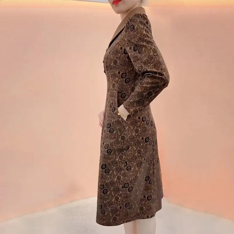 Middle-aged Elderly Women Clothing Autumn Winter Fashion Vintage Print Elegant Midi Dress Casual Pocket Long Sleeve Slim Dresses 240824