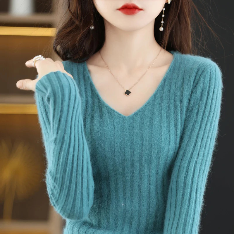 100% Mink Cashmere Womens Sweater Knitted Long Sleeve Pullover V-neck Slim Fit Undercoat Soft Fashion Womens Top 240824