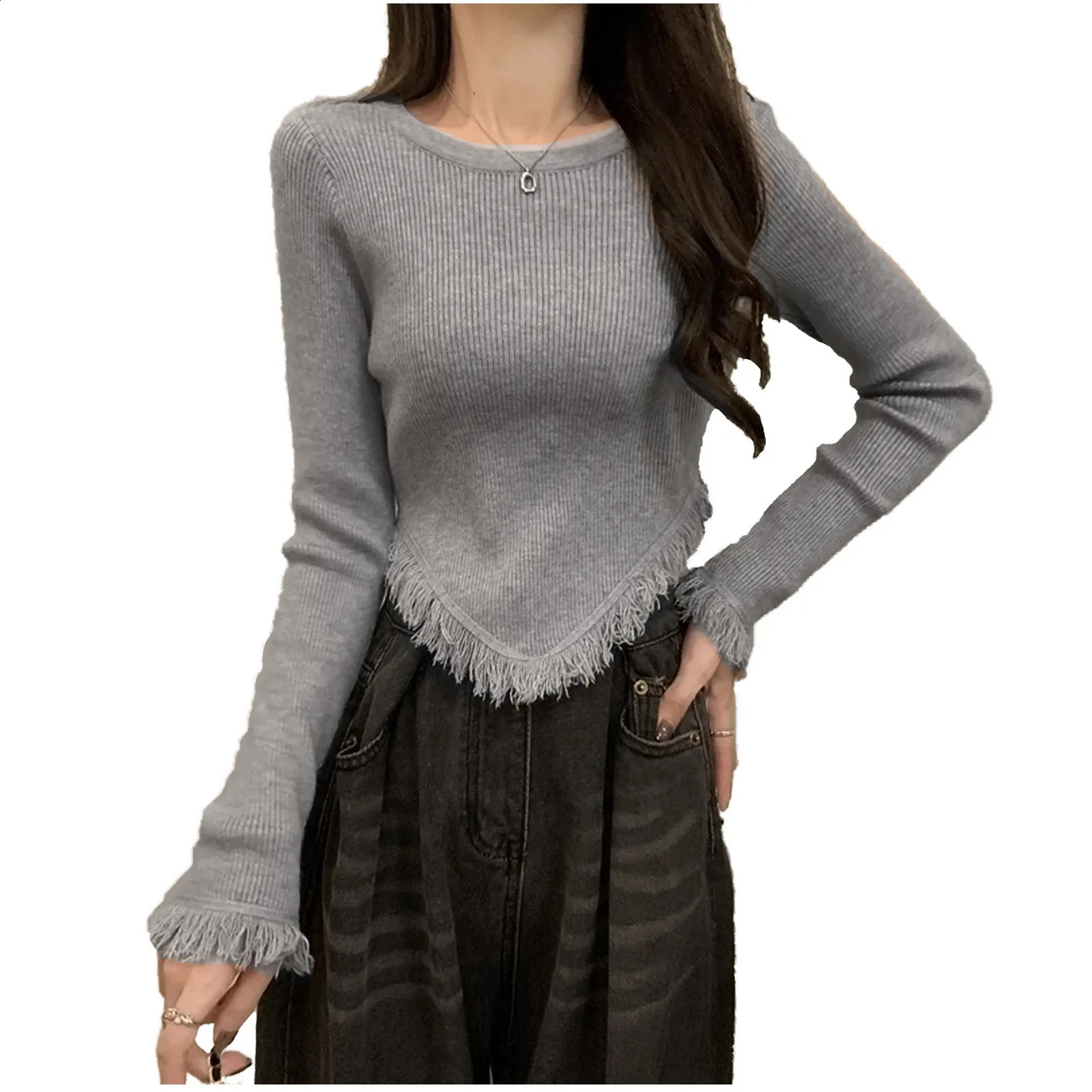 irregular Korean Style Knitted Sweater pullover Tassel T Shirt Women Long Sleeve Shirt Y2k Vintage Streetwear E Crop Tops 240824