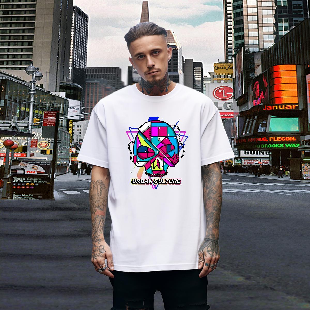 Popular T-Shirts for Men 230g 100% Cotton skull Casual Beach DIY Anime Round Neck Short Sleeve Couples T Shirts Fashion Design Tee Shirt