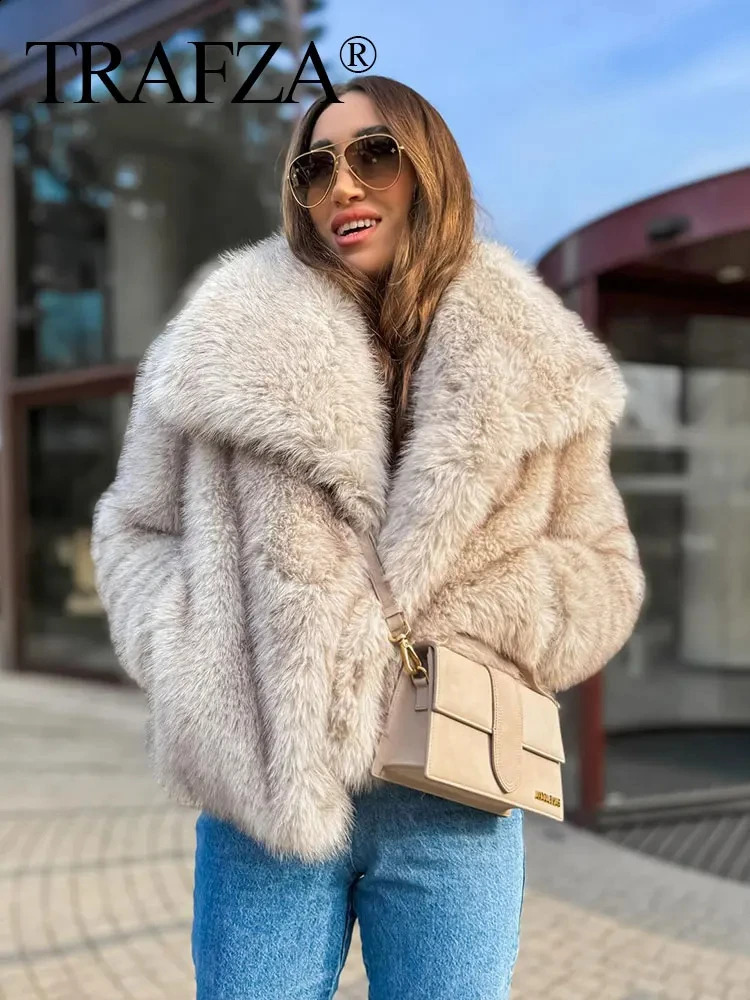 TRAFZA womens faux fur leather jacket casual loose long sleeved lapel warm winter fashion fashionable streetwear Jakcets 240824