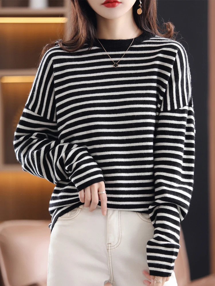 Cashmere Elegant Striped Women Sweater Soft Warm Knitted Basic Pullovers O Neck Loose Female Sweaters Autumn Knitwear Jumper Top 240824