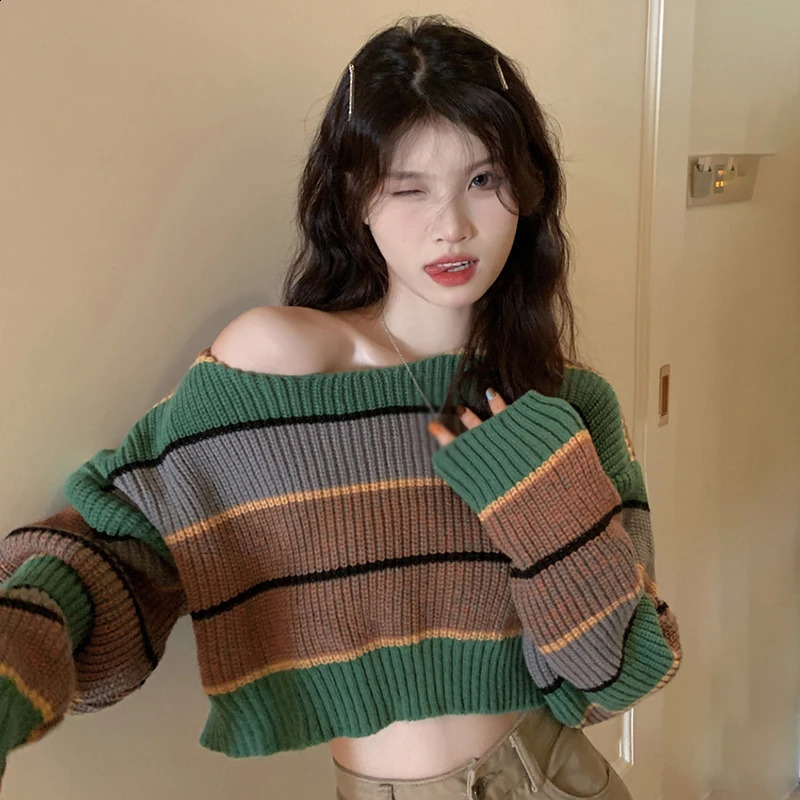 Striped long sleeved sweater for womens loose fitting and slimming outer wear knitted top 240824