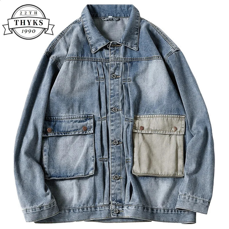 Mens denim jacket solid casual collar 3D decal work pocket fashionable cotton loose mens Chaquetas Vaqueras 240824
