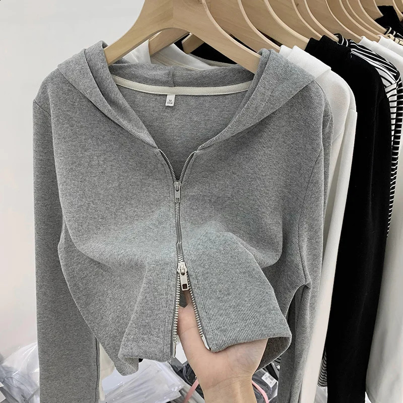 Harajuku Fashion Double Zipper Gray Long Sleeved Hoodies Women Sexy Personalized Sweatshirt Hoodie Gym Sports Coat Short Tops 240824