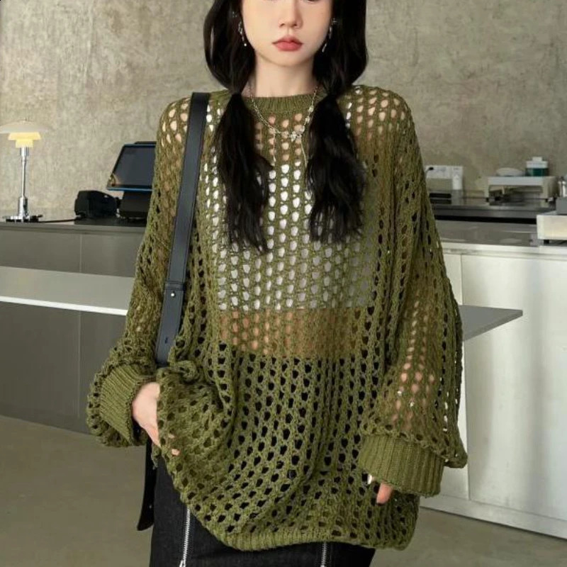 Hollow Out Pullovers Women Summer Long Style Baggy Clothing Knitting Casual Holiday Female Aesthetic Tender Minority Drape Ins 240824