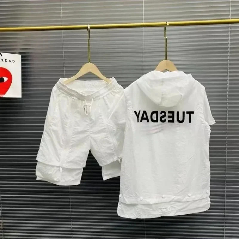 Summer Mens Two Piece Set Casual TShirt and Shorts Printed Zipper Hooded Loose Japanese Handsome Thin Light Sports Suit 240824