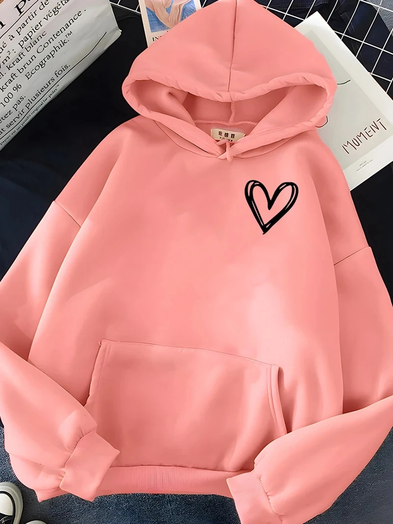 Hirsionsan Simplic Heart Print Women Sweatshirt Soft Casual Loose Vintage Female Hoodies Winter Warm Fleece Student Tops 240824