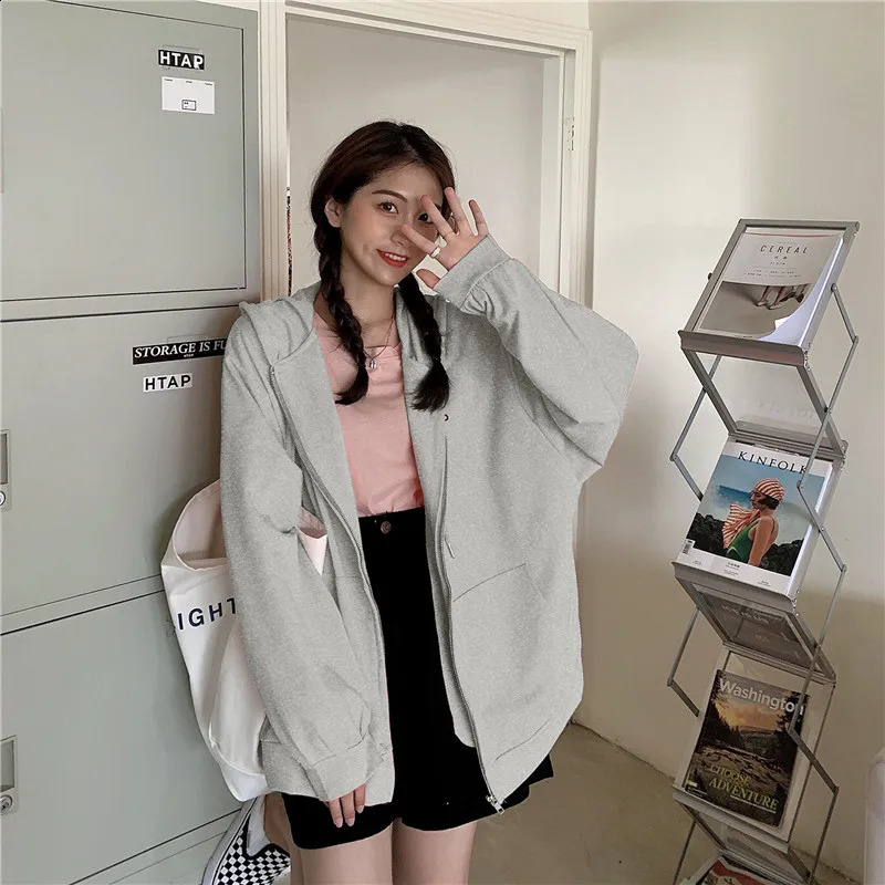 Hoodie Women Fashion Zipper Hooded All-match Korean Style Loose Hoodies Students Casual Sweatshirts 240824