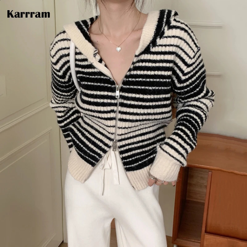 Karrram Vintage Stripe Hoodes Cardigans Double Zipper Women Chic Knitwear Autumn Ladies Cashmere Jacket Elegant Sweater Korean 240824