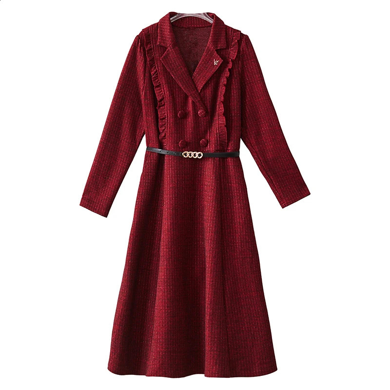 EVNISI Women Vintage Tweed Dress With Belt Button Long Sleeved Casual Office A-line Dresses Women Party Vestido Spring 240824