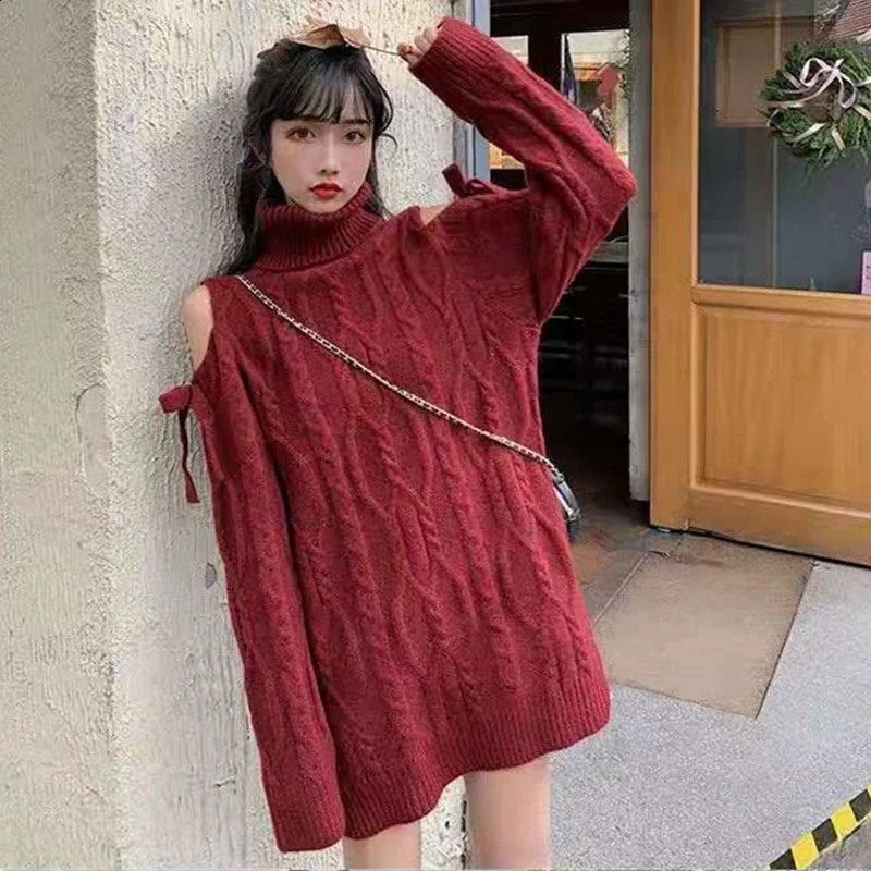 GIDYQ Christmas Off Shoulder Turtleneck Sweater Women Fashion Twist Long Sleeve Jumper Wine Red Year Loose Knitwear Winter 240824