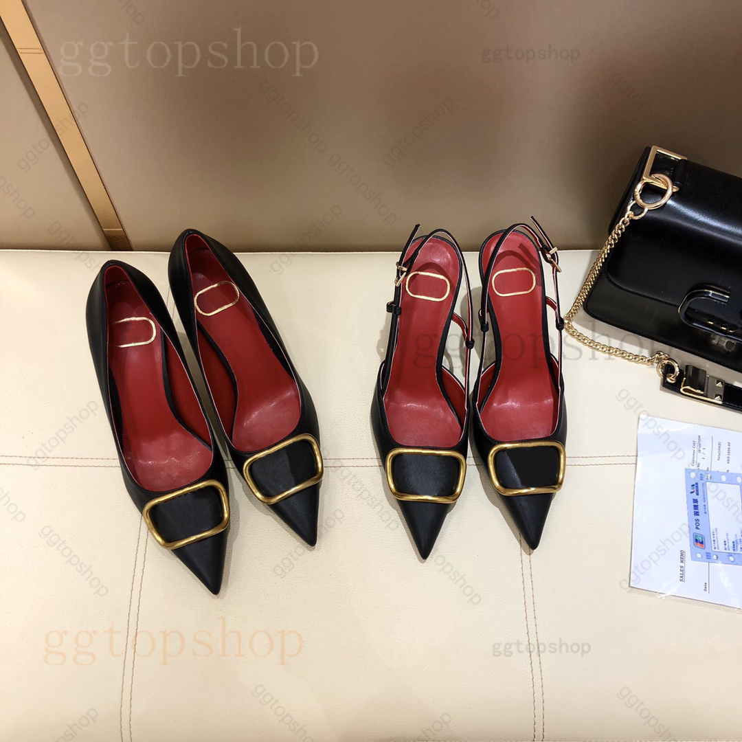 High Heels Designer Sandals Classics Metal Buckle Pointed Toe Thin Heel 4cm 6cm 8cm 10cm Summer Luxurys Genuine Leather Woman Wedding Shoes Dress shoes Eur 35-42