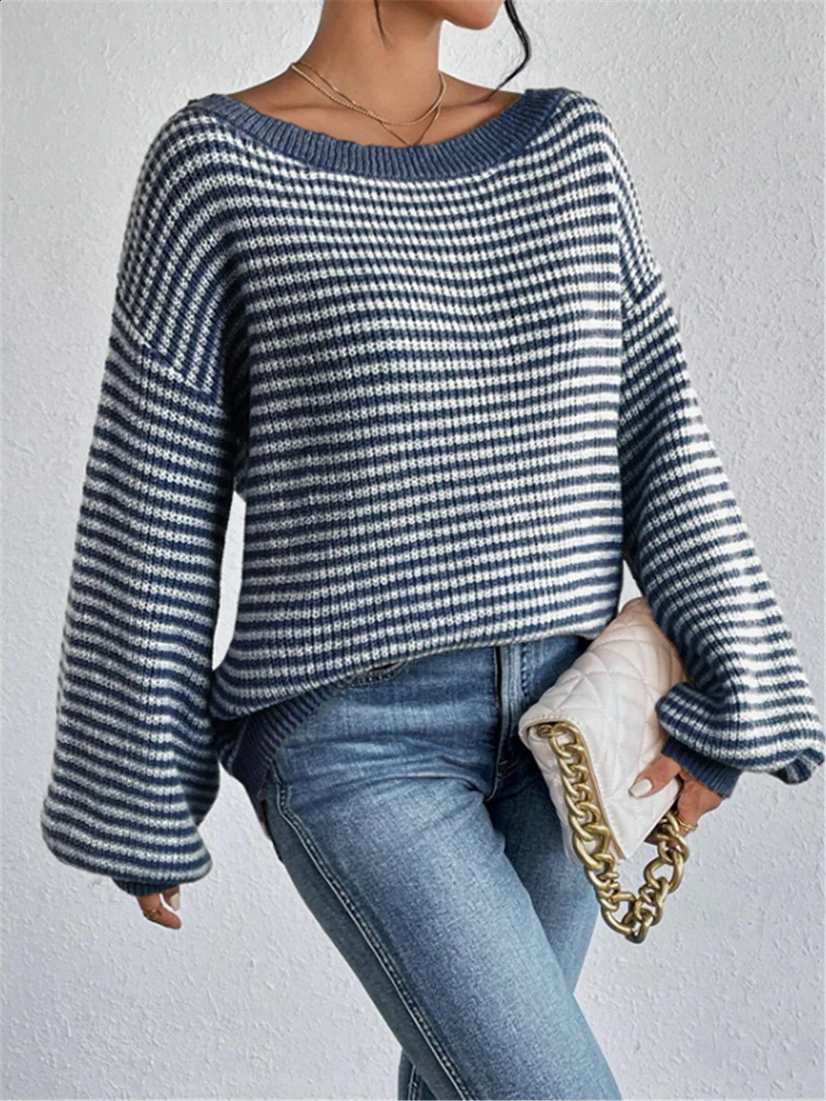 Long Sleeve Top Knitted Korean Fashion Fall Striped Pattern Sweaters Vintage Clothes Off Shoulder Tops Sexy Pullovers Knitwear 240824