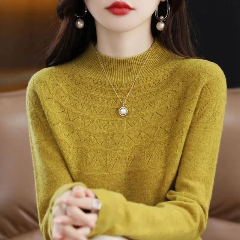 Cashmere Sweater Autumn Winter 100% Pure Wool Womens Bottoming Shirts Knitted Pullover Hollowed-out Knitwear Soft Jumpers 240824