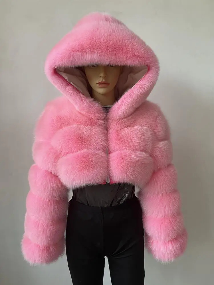 BEIZIRU Winter Womens Genuine Fox Fur Coat Hooded Red Silver Raccoon Zipper Top y Natural Girls Jacket 240824