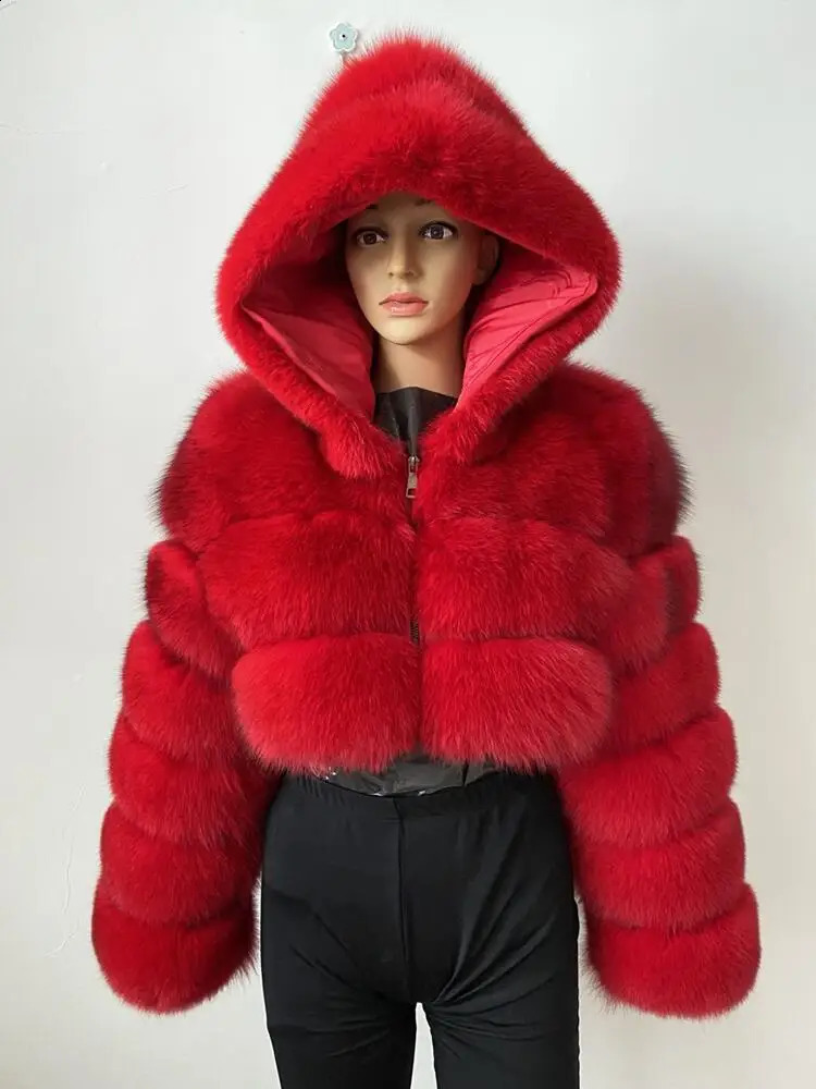 BEIZIRU Winter Womens Genuine Fox Fur Coat Hooded Red Silver Raccoon Zipper Top y Natural Girls Jacket 240824