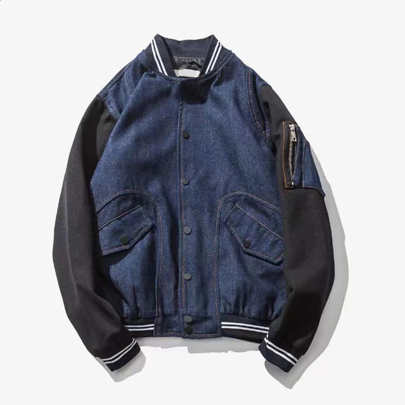 Japanese style mens patch workwear sleeves denim baseball jacket stand collar springsummer casual 240824