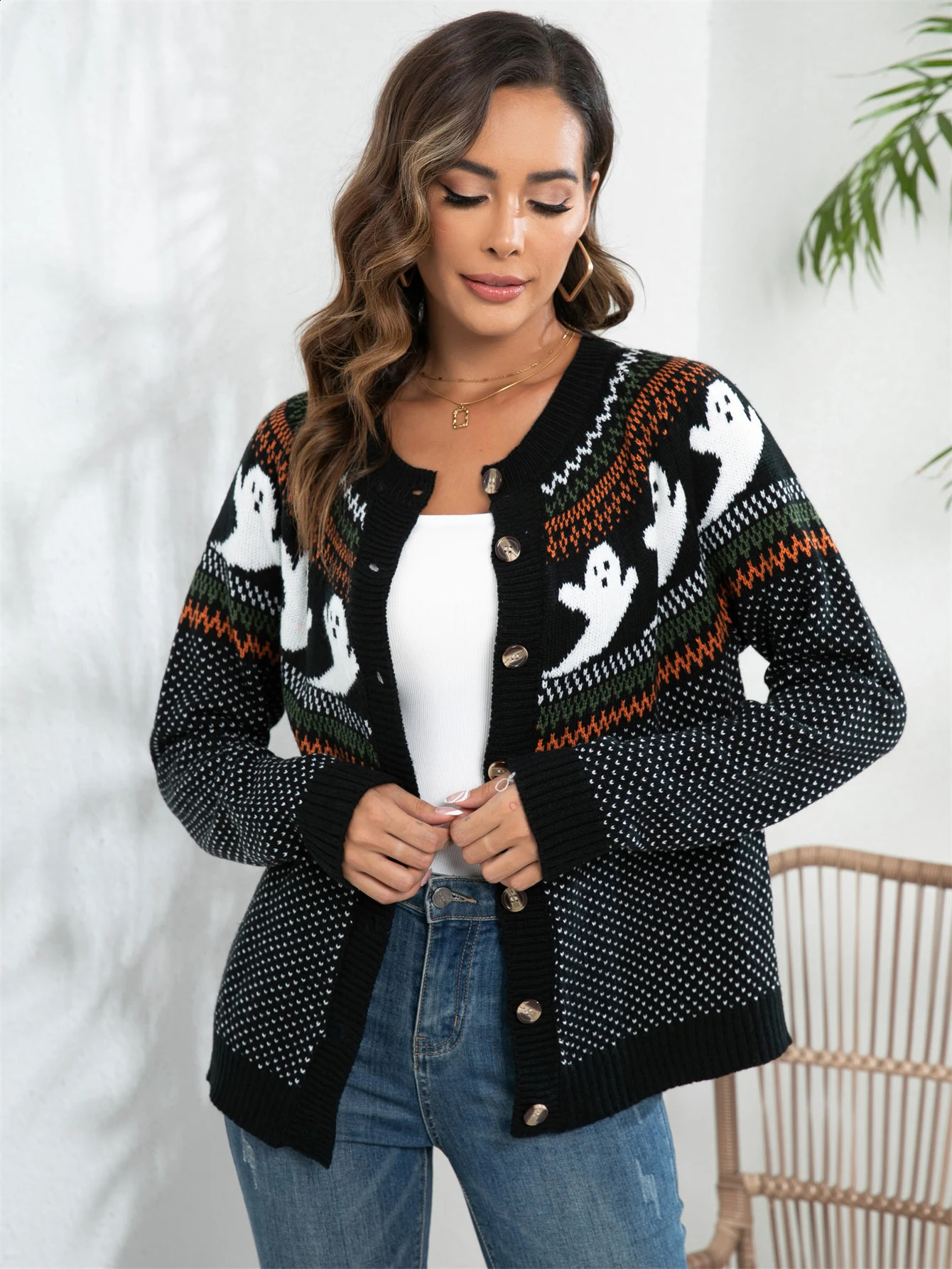 Halloween Ghost Pattern Womens Vintage Crew Neck Button Front Long Sleeve Cardigan Retro Fashion Staple Sweater 240824