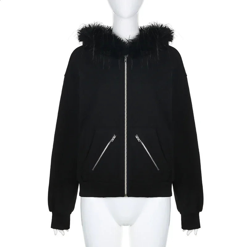 Vintage Fashion Zip Up Women Sweatshirts Casual Fur Collar Hoodies Chic Streetwear Aesthetic Pockets Cardigans 240824