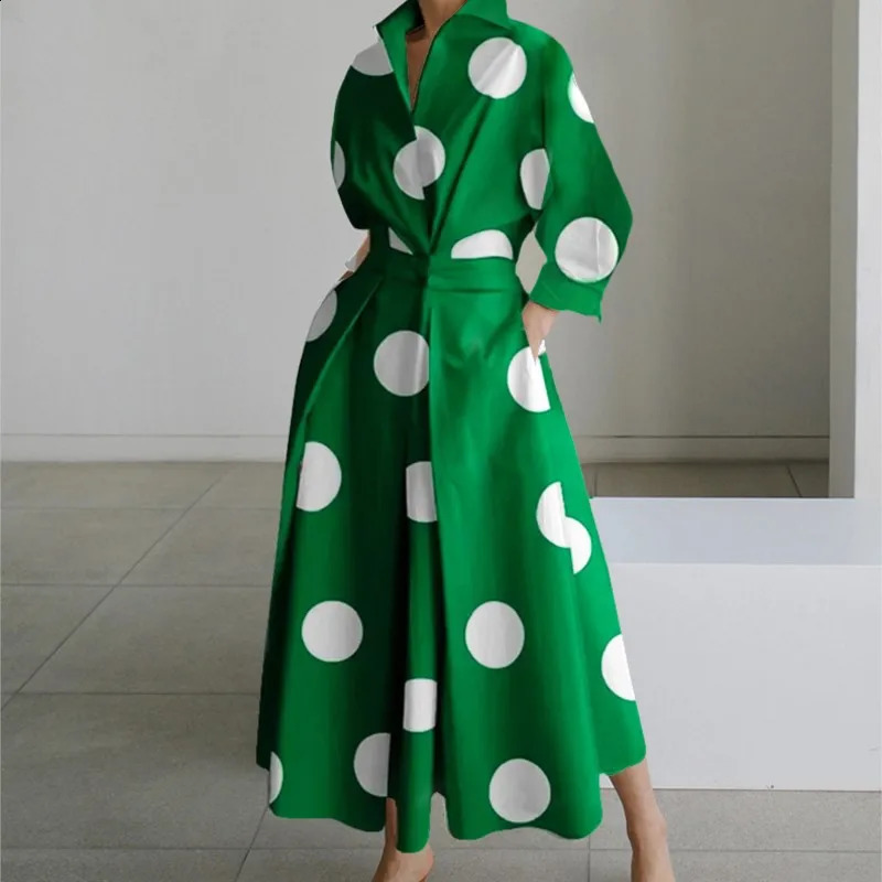 Autumn Women Fashionable Long Sleeved V-neck Printed Dress Ladies Elegant Polka Dot Print Pocket Patchwork Large Hem Dress 240824