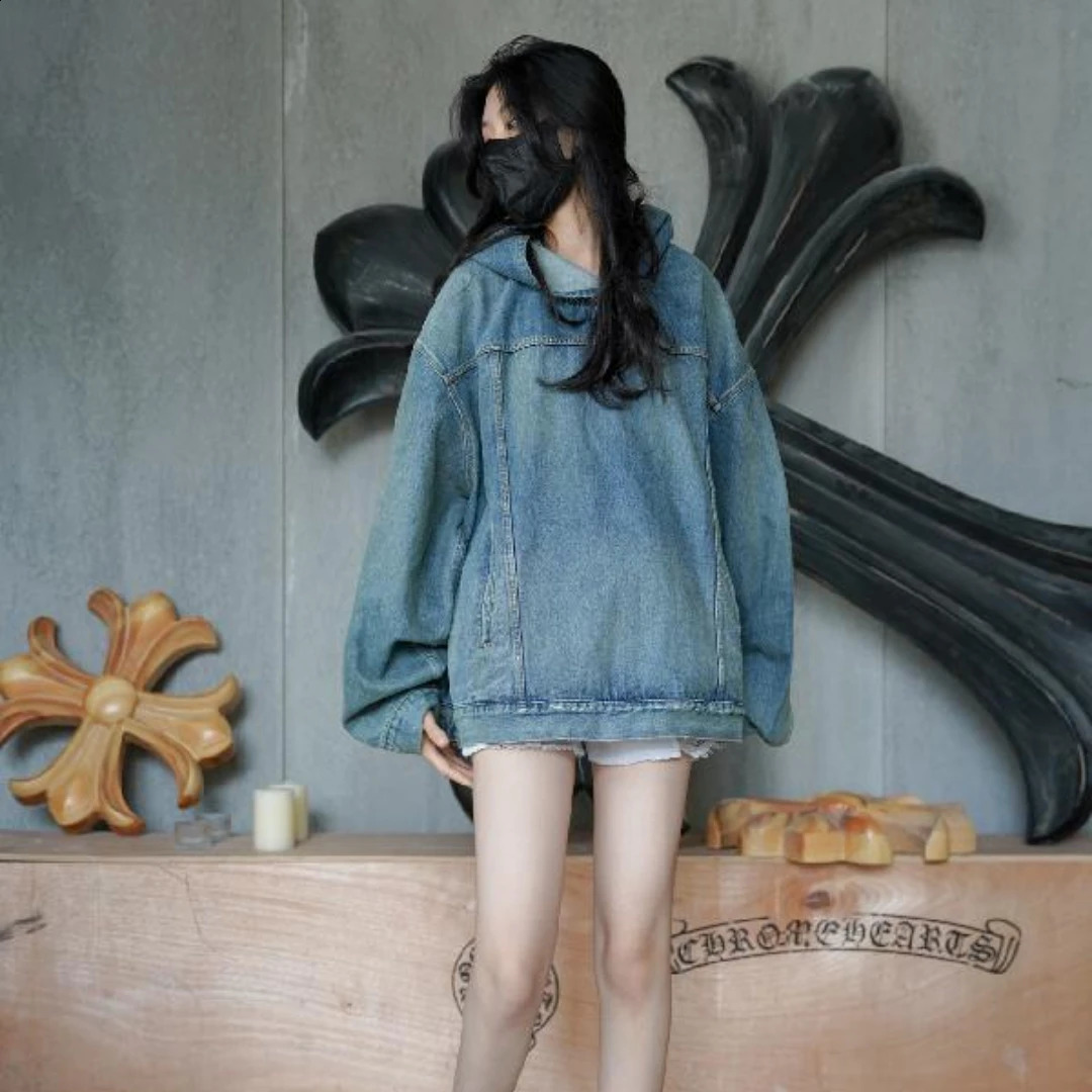 mens retro denim jacket womens hooded sports shirt long sleeved floral casual loose top 240824