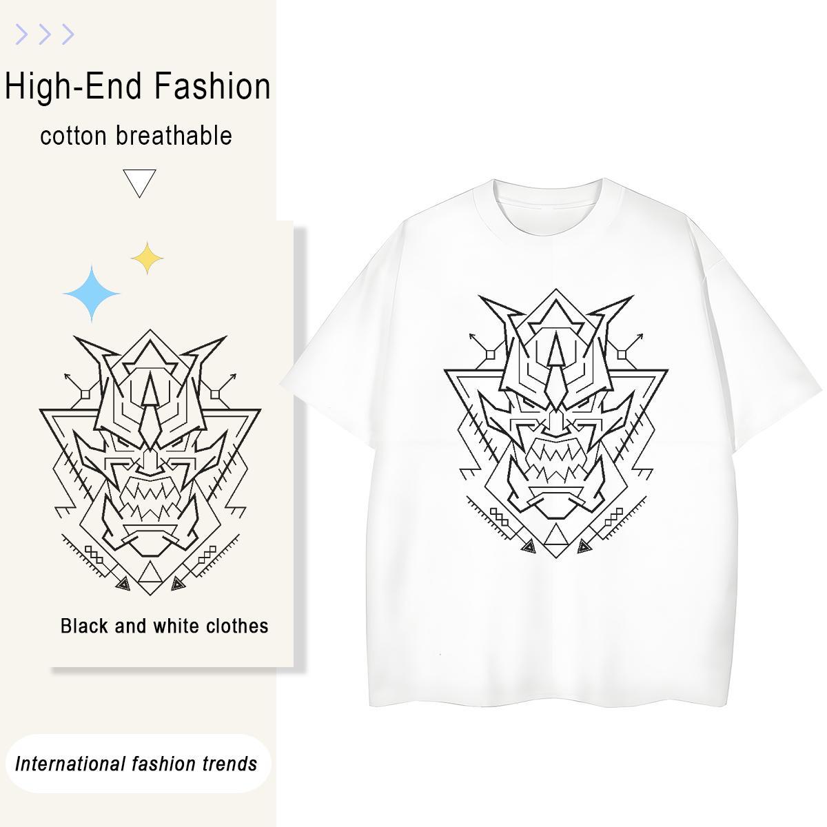 Loose fit Women Tees 230g Cotton Lines Casual T Shirt For Woman Breathable Short Sleeve Anime Print Polos