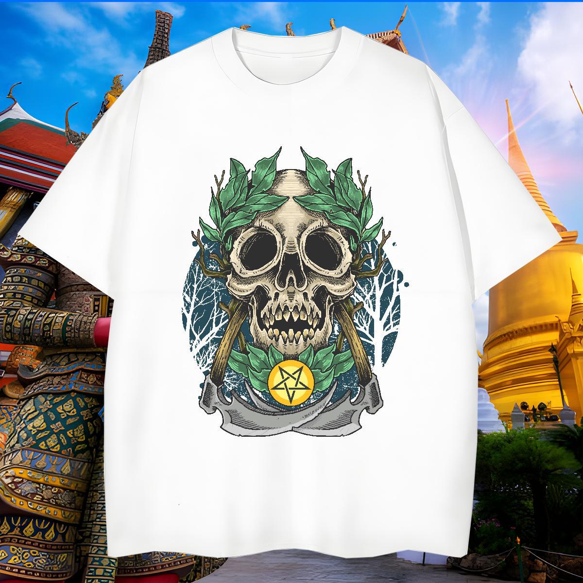 Loose Fit T-Shirts 230g 100% Cotton skull Home Outdoor Black White Breathable Crew Neck Men Tees Casual New Clothings