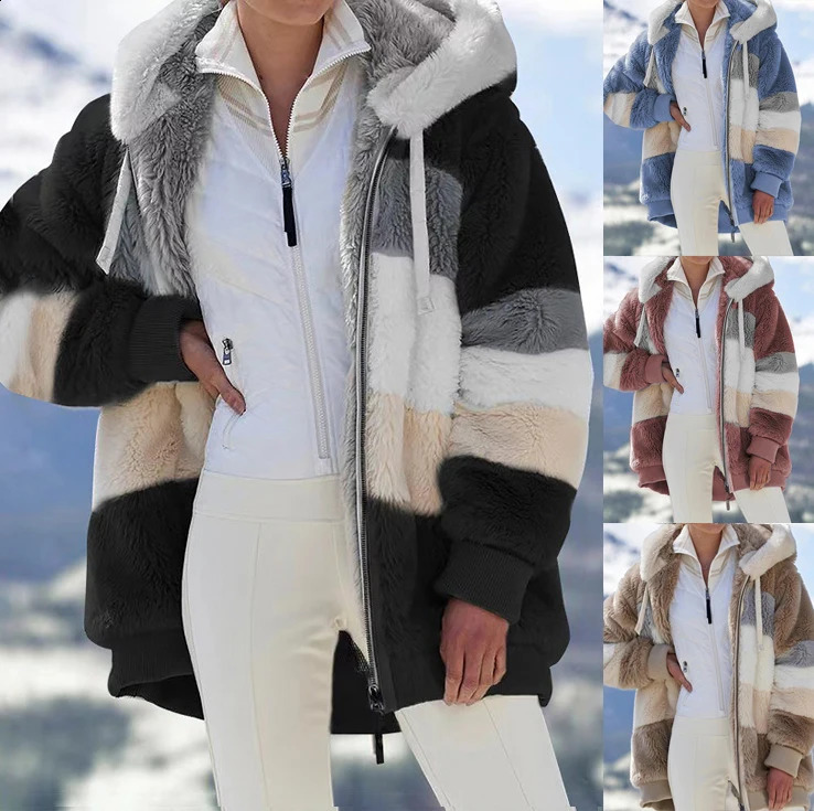 Winter Womens Plush Coat Fashion Hooded Zipper Jacket Casual Oversized Splicing Plain Knitted Artificial Fur Warm Parka 240824