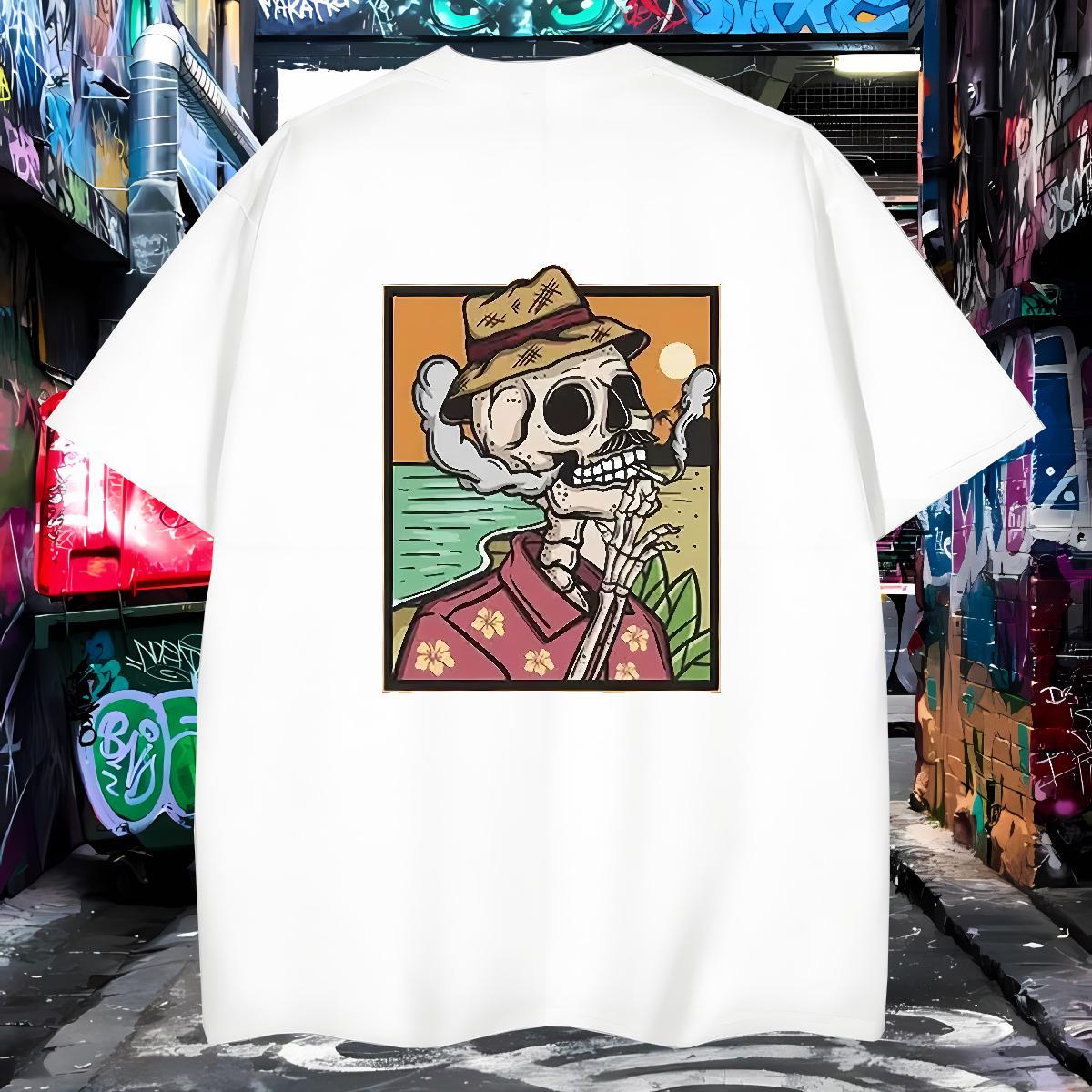 Unisex Man T Shirts 230g Pure Cotton skull Anime Printing Street Plus Size Cartoon O Neck Short Sleeves Men Tops Tees Casual New Clothings