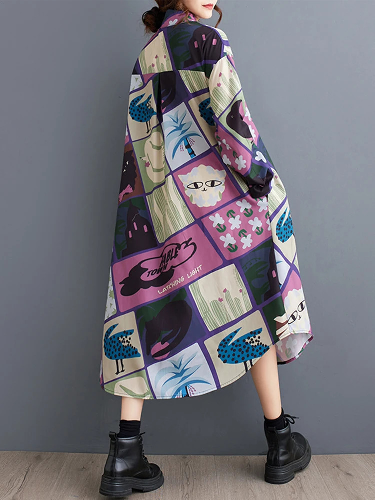 XITAO Loose Asymmetric Print Dress Simplicity Long Sleeve Casual Single Breasted Women Autumn Trend All-match Dress HJF8188 240824
