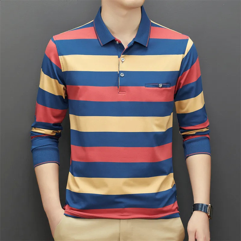 95% Cotton Polo Shirt for Men Long Sleeve Striped Autumn and Spring Male Polo Shirt Korean Style Clothing Casual Tops Shirts 240824