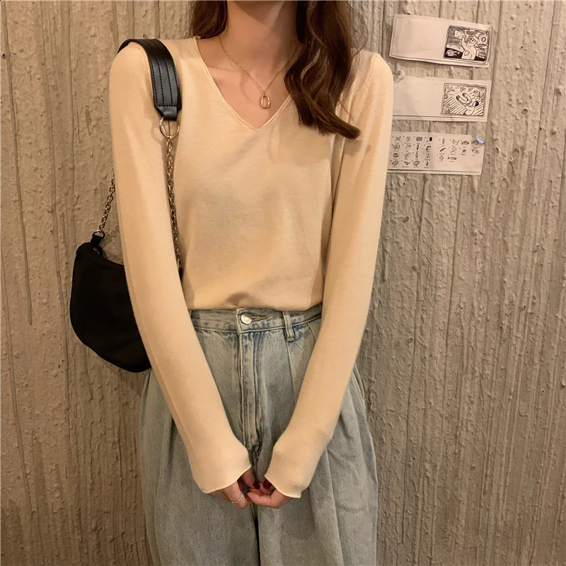V-neck Sweater for Women Pullovers Long Sleeve Regular-fit Plain Jumper Knitwear Teen- Fall Winter Basic Outfit 240824