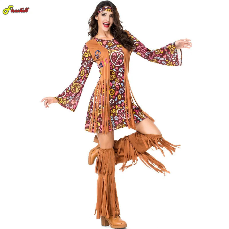 Women Peace Love Hippie Costume Party 1960s 1970s Christmas 1960s Stage Performance Halloween Role Playing Indian Tassel Costume 240824