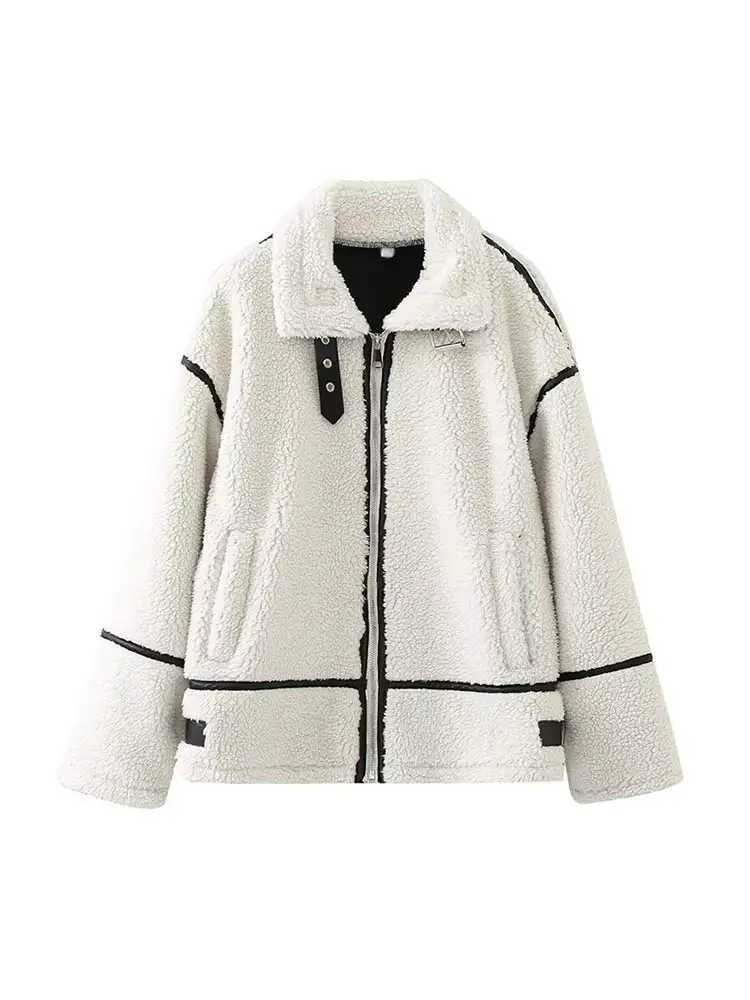 Jackets Fall/Winter Womens Womens Plush Zipper Jacket Solid Splicing Work Long Sleve Collar Motorcycle Jacket Fashion Womens Strt Warm Jacket Y24082