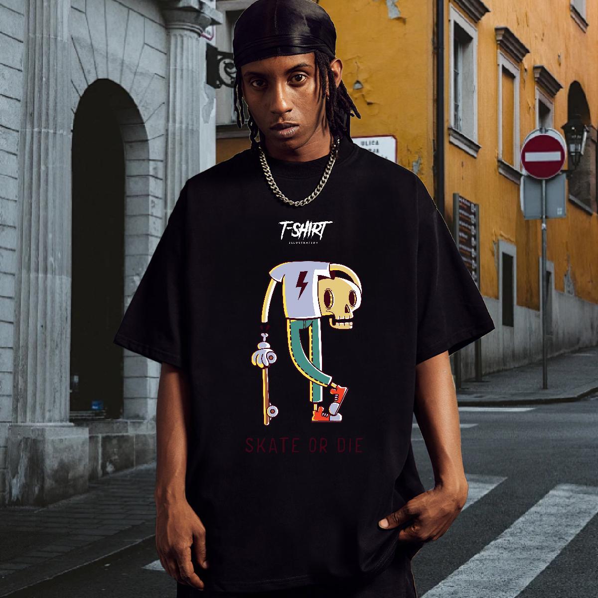 Loose Men T Shirts 230g Pure Cotton skull High Street Hip Hop Custom Cartoon Breathable Short Sleeve Men Clothes T-Shirt 2024 DIY Wear