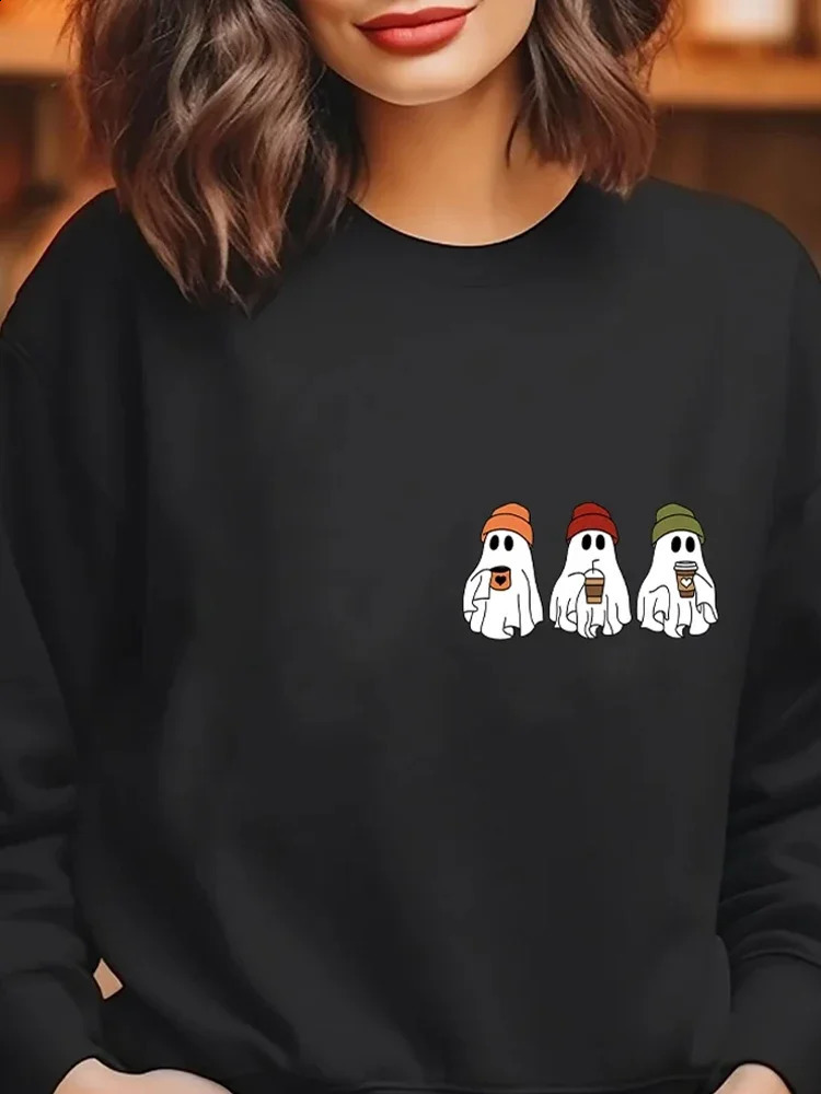 Ice Coffee Women Graphic Sweatshirts Halloween Cute Ghost Little Ghost Ice Coffee Loose Sweatshirts Fashion Y2K Clothes 240824