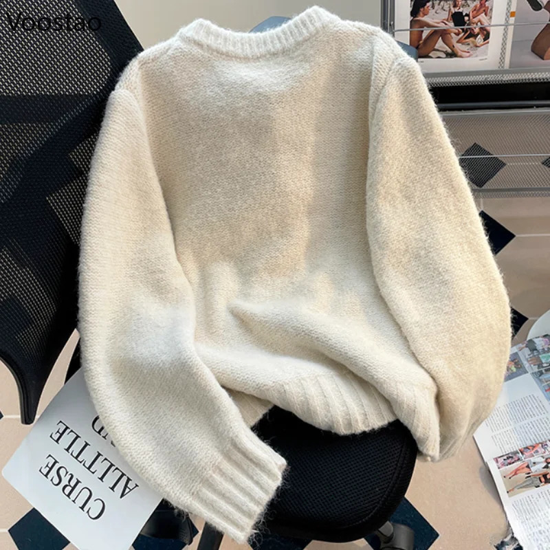 Mori Sweet Knitted Cardigan Women Vintage O-Neck Embroidery Horn Button Sweater Loose Coat Y2k Cute Knitwear Autumn Clothes 240824