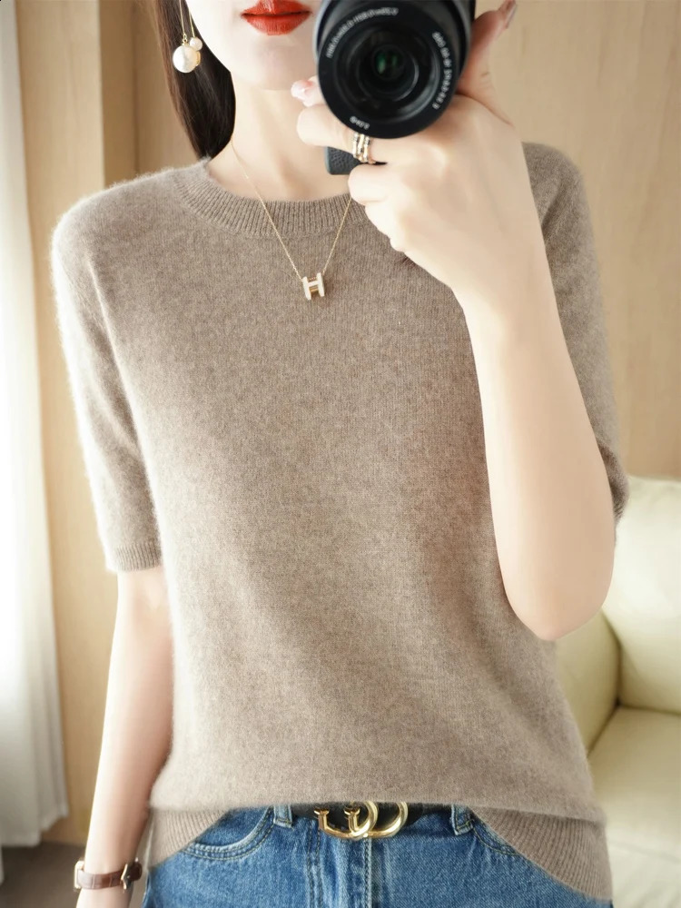 Chic Women Summer T-shirt O-neck Short Sleeve Pullover Sweater Merino Wool Knitwear Basic Soft Clothing Korean Style Tops 240824