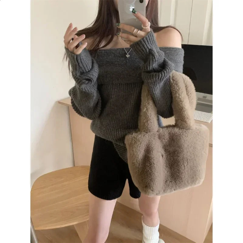 Deeptown Elegant Sweater Women Korean Style Off Shoulder Knitted Female Jumper Vintage Autumn Knitwear Harajuku Fashion Pullover 240824
