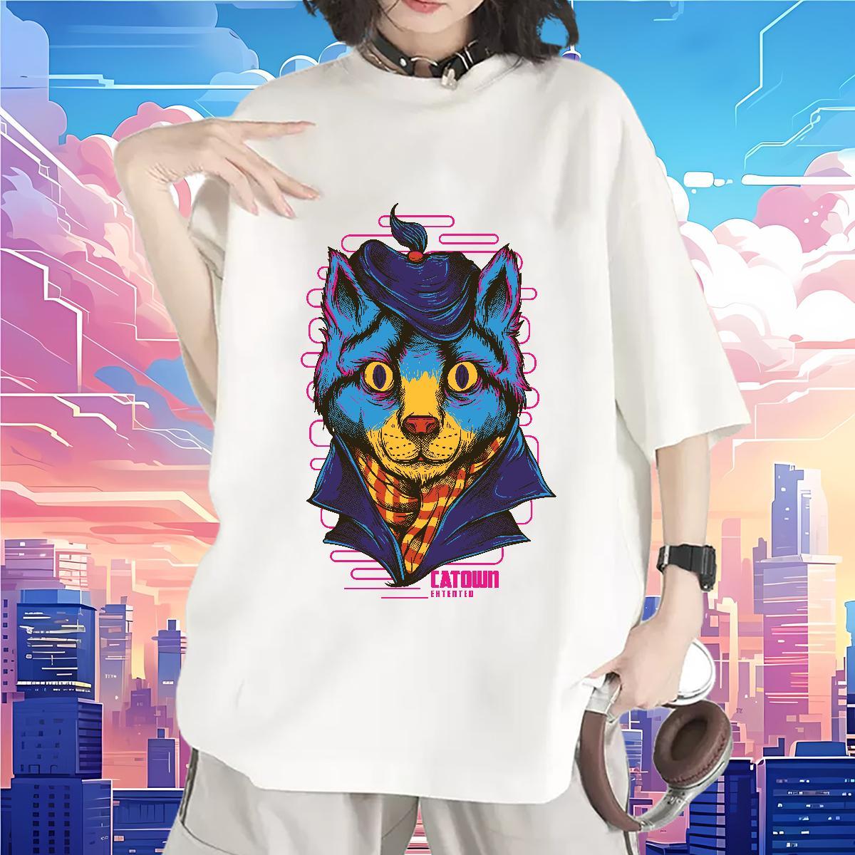 5A Couples T Shirts 100% Cotton 230g Blue cat Home Outdoor T-Shirts for Women Short sleeve Soft Custom Printing Clothings