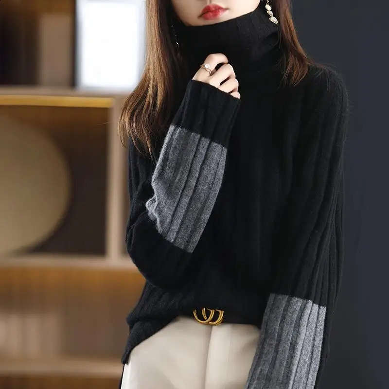 Autumn Simplicity Screw Thread Knitting Turtleneck Long Sleeve Pullovers Women Clothes Fashion Patchwork Warm Sweater Ladies 240824