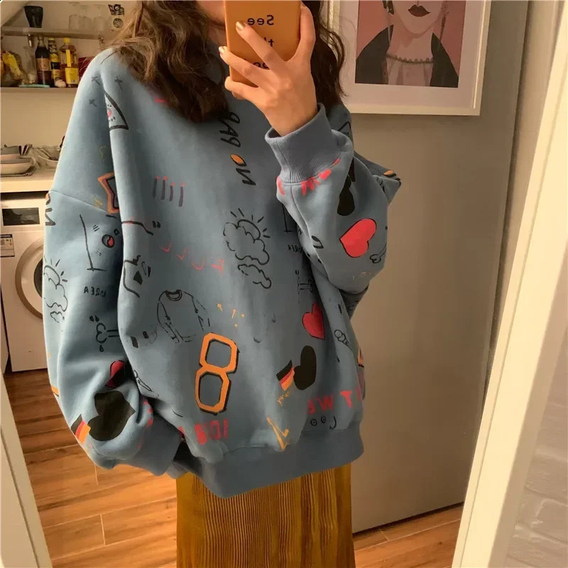 Women Sweatshirts Graffiti Pullover Tops Loose Long Sleeves Female Fashion Streetwear Spring Autumn Casual Hoodies 240824